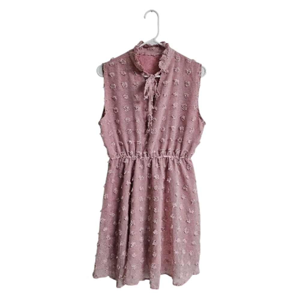 Girls' Pink Sleeveless Textured Tie-Neck Dress